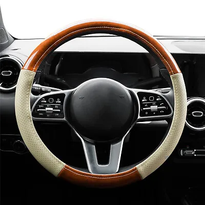 15'' Beige Leather Car Steering Wheel Cover Wood Grain Breathable Anti Slip 38cm • $18.69