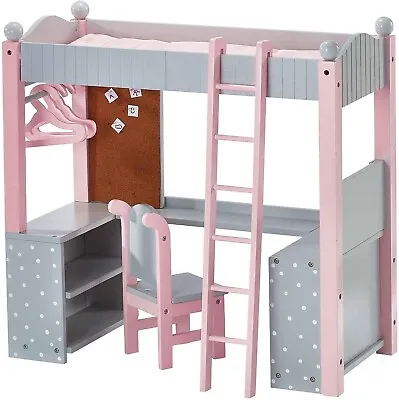 Doll Bunk Bed With Desk Pink 18  Wooden Furniture Toy Girls Playset • £35.95