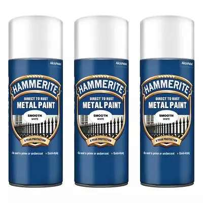 3x Hammerite Direct To Rust Smooth White Aerosol Quick Drying Spray Paint 400ml • £32.99