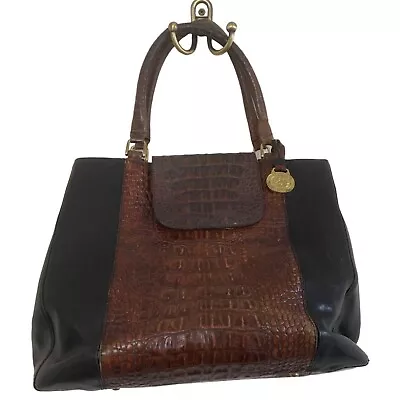 Brahmin Vintage Two Toned Black Leather Brown Crocodile Handbag Purse • $69.95