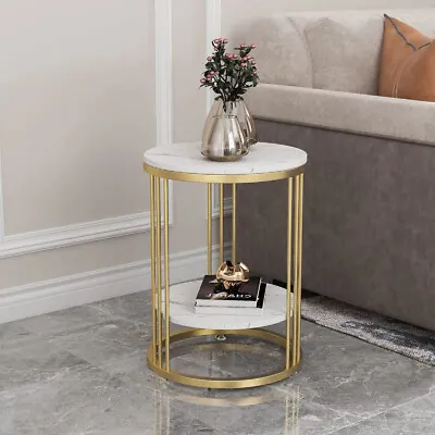 Gold Side End Table 2 Tier Round Marble Side Table With Storage Shelf Modern • $85.95