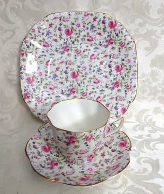 VTG. Rosina Pink Rose & Purple Flower Chintz Teacup  Saucer & Plate  England • $29.99