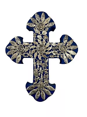 Mexican MILAGROS CROSS ExVotos Wood Cross LG  10” Blue Silver • $52.80