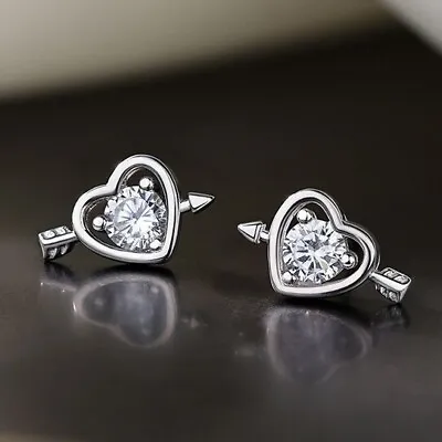 925 Sterling Silver Crystal Love Heart Stud Earrings Women Girls Jewellery Gift • £3.49