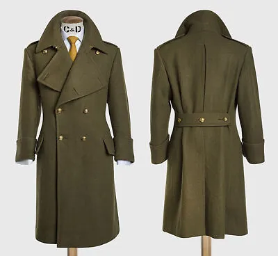 Army Green Wool Men's Long Overcoat Double Breasted Wide Lapel Outdoor Warm Coat • $74.37