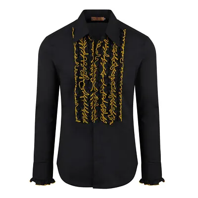 Chenaski Black/Gold Ruffle Ruche Frill Dinner Tuxedo Retro 70s Shirt • $55.89