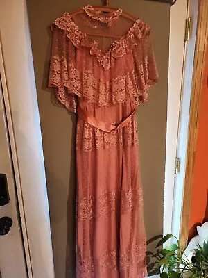 Vintage Prom Formal Dress 60's- 70s High Neck Lace Long Maxi Gown Rose Pink EUC • $50