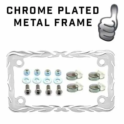 Chrome Cut Out Flames License Plate Frame Locking Screw & Cap Kit For Motorcycle • $16.77