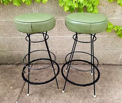 Pair - Vtg Homecrest 31  Counter Height Bar Swivel Stools Green Vinyl Black Base • $125