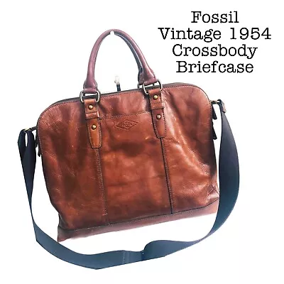 Fossil Briefcase Crossbody Tan Leather Vtg 1954 Laptop Strap 16x14x5” VGC • £79