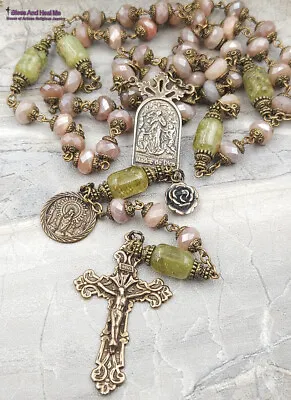 Mary Undoer Of Knotts Moonstone Green Garnet Vintage Bronze Ornate Rosary • $189