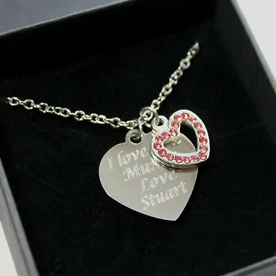 Christmas Gifts Engraved Necklace Pink Heart Charm Personalised Jewellery • £13.49
