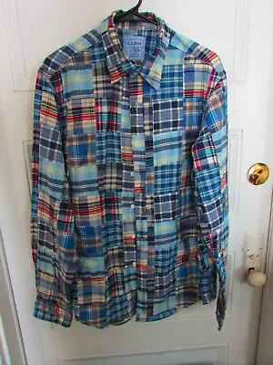 LL Bean Madras Plaid MENS Long Sleeve Size L Hues Of Blue 100% Cotton • $24.99