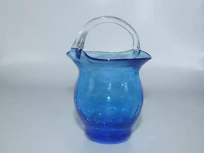 Hand Blown Pilgrim Cobalt Blue Crackle Glass Basket Applied Handle 4 1/2  • $18