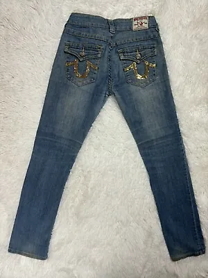 True Religion Joey Super T Blue Jeans Size 27 X31 Gold Embroidered Pockets Flaps • $25.68