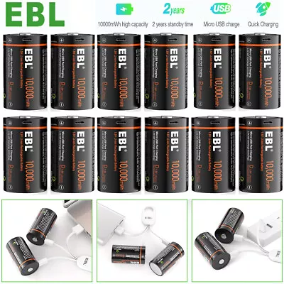 EBL 10000mWh USB Rechargeable D Batteries 1.5V Long Lasting Li-ion Batteries Lot • $44.99