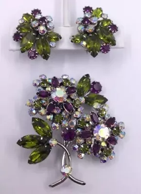 Vendome Stunning Rhinestone Flower Brooch & Earrings Mint • $300