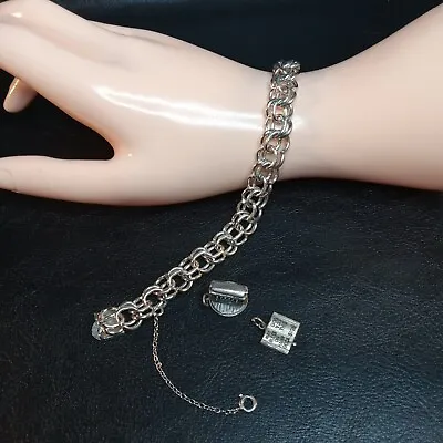 Vintage ELCO Sterling Silver 925 Double Link Chain Bracelet *2 FREE Charms. 9357 • $58.99