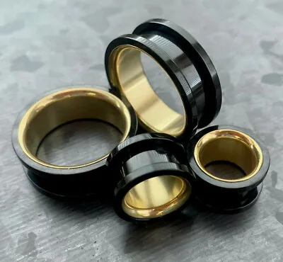 PAIR Black With Gold Interior Screw Fit Tunnels Ear Plugs Earlet Gauges • $12.95