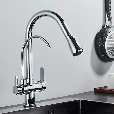 3-Way Filter Kitchen Tap Pull Out Sprayer Dual Handle Sink Mixer Taps Chrome • £52.99