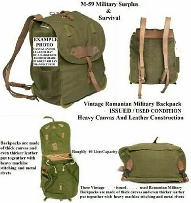 Vintage  Romanian Army Canvas Backpack With Leather Shoulder Straps - ( USED ) • $44.39