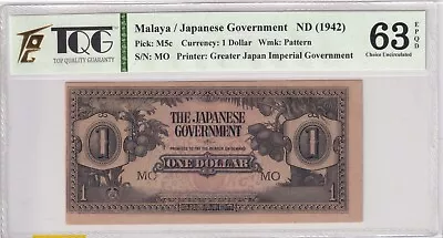 1942 Malaya 1 Dollar Pick#M5c  63 EPQ Choice UNC • $2.99