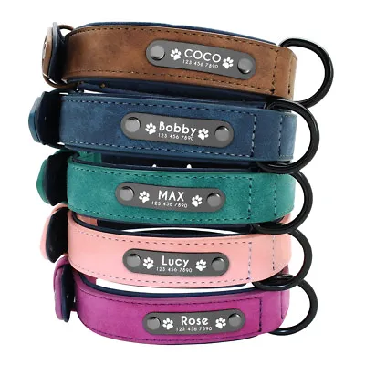 Personalised Dog Collar Soft Leather Collar Free Engraved ID Tag For Pets S-XL • £12.71