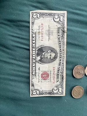 5 Dollar Bill Serial Number A47423567A Red Seal And Number From 1963 • $14.69