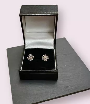 Vintage Earrings Sterling Silver 925 & Marcasite Four Leaf Clover Jewellery Gift • £10