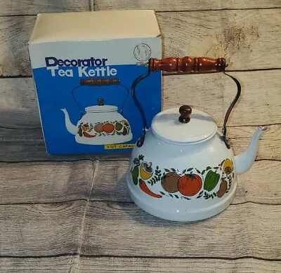 Vintage Metal Enamel Vegetable Teapot Tea Kettle With Wood Handle NEW IN Box  • £43.42