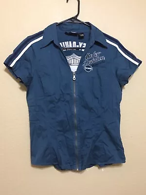 HARLEY DAVIDSON Womens Blue Embroidered Zip Mechanic Motorcycle Shirt Size S • $33.99