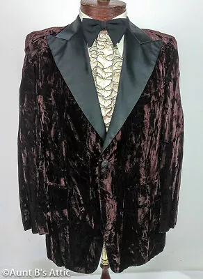 Vintage 70's Prom Wedding Tuxedo Coat Brown Crushed Velvet & Blk Satin Lapel • $199.98