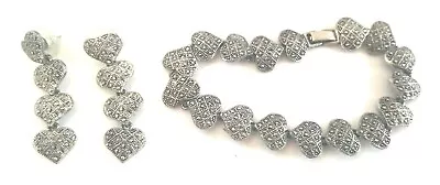 Heart Jewelry Set Silver Tone 8.5  Bracelet And Dangling Pierced Earrings 334 • $14.95