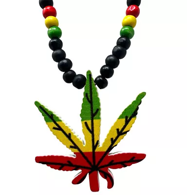 Marijuana Leaf Rasta Pendant Wood Beaded Necklace Cannabis Weed Pot Necklace  • $14.95