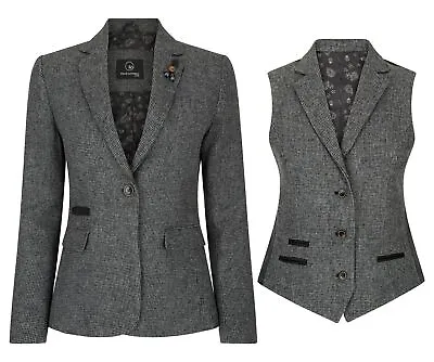 £39.99 • Buy Women Grey Blazer Tweed Herringbone 1920's Peaky Waistcoat Tailored Fit Vintage