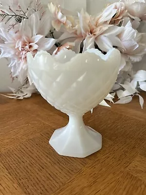 Milk Glass Pedestal Compote Diamond Pattern Scalloped Edge By Napco Cleveland OH • $13