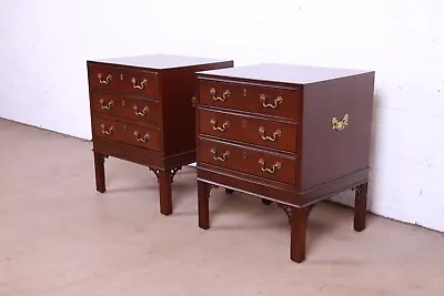 Henredon Chinese Chippendale Carved Mahogany 3-Drawer Nightstands Refinished • $3800