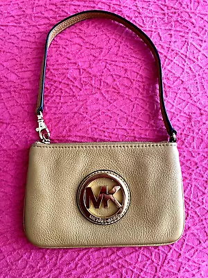 Michael Kors Wristlet Wallet Bright Camel Pebble Leather Gold LOGO • $29.95