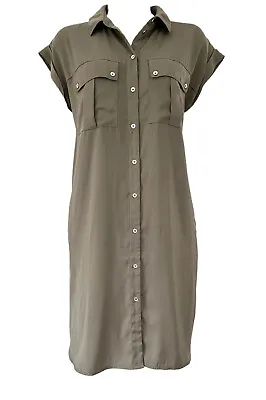 £24.99 • Buy Oasis Khaki Safari Shirt Dress - Size 8 - Green Utility Pockets Oversized 274F1