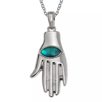 Hamsa Hand Of Fatima Silver Necklace Pendant Paua Abalone Shell 18  Chain Boxed • £8.95