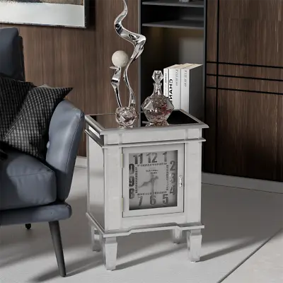 Silver Shiny Edged Mirrored Nightstand Clock Sofa Bed End Table Cabinet Storage • £119.95