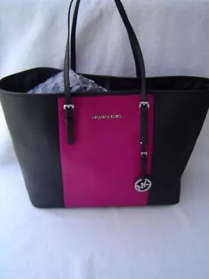 Authentic Michael Kors Black And Magenta Cross Grain Leather Large Tote  Vgc • $89.99