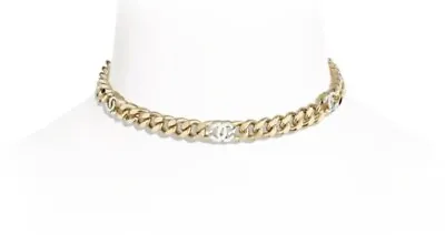 CHANEL White Enamel CC Gold Cuban Chain Link Choker Necklace Metal Resin Logo • $299