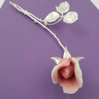 Ceramic Pink Rose Bud With Silvertone Metal Stem WThorns Flower  Decorative • $12.99