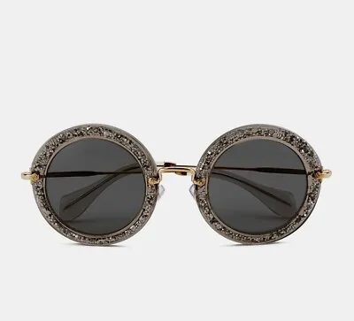 NIB MIU MIU SMU 13N Noir Smoke Pewter Glitter Round Lens Gold Arm Sunglasses • $199.99