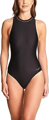 Zoggs Women One Piece Swimsuit Cable Zipped Hi Neck Black Orange Trim Size UK 12 • £22.99