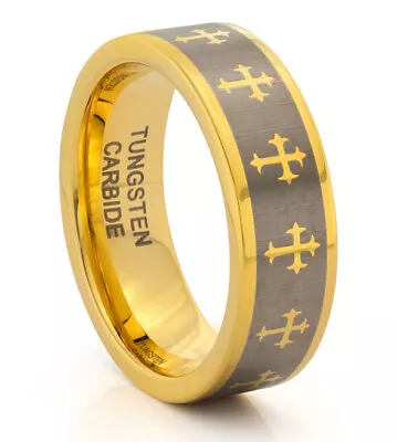 TungstenMasters 8MM/6MM Tungsten Mens/Womens Gold Celtic Cross Wedding Band Ring • $39.95