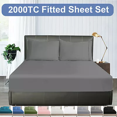 $19.99 • Buy 2000TC Ultra Soft Deep Fitted Sheet Set Pillowcases SB/KSB/Double/Queen/King