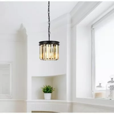 Golden Teak Crystal Pendant Matte Black Light Fixture Dining Room Lighting 12 In • $378.86