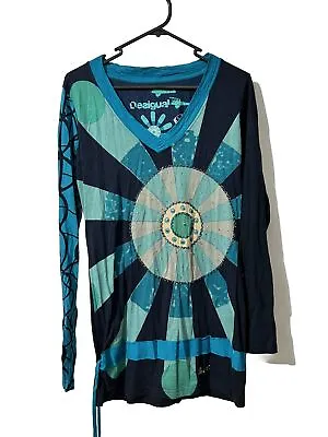 DESIGUAL Size L Blue Embellished Long Sleeve V Neck Top • $5